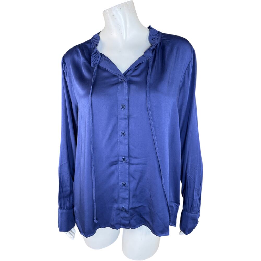 Side Stitch Button Down Top‎ with Ruffle Neck Saphhire Stone Medium NWOT
